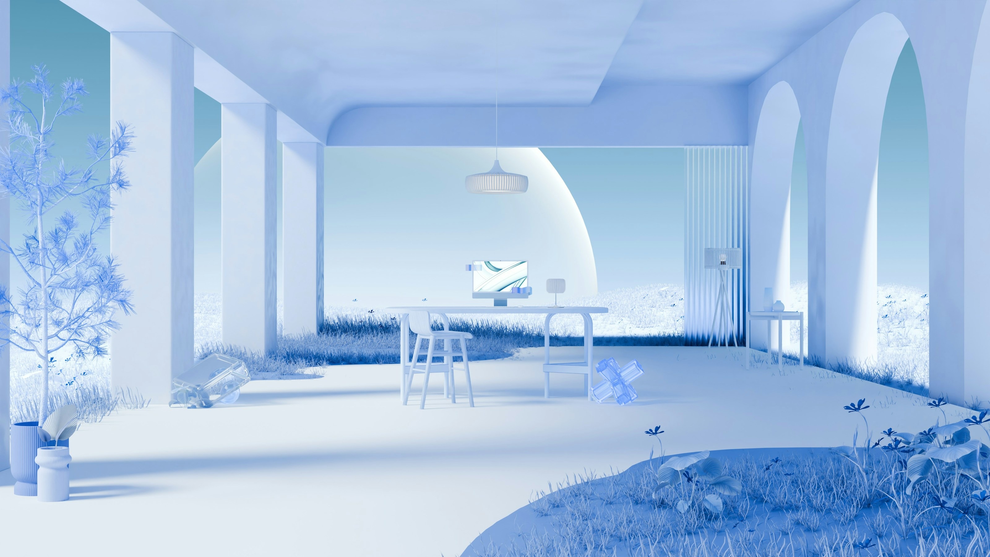 蓝白色超现实 3D 创作工作室与电脑工作台